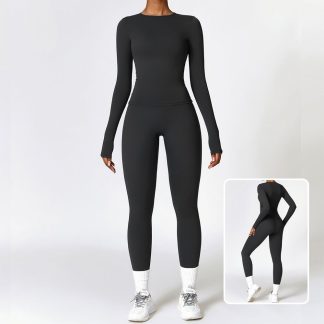 Fitted Brushed Long Sleeve Leggings Yoga Set - Quick-Drying Workout Outfit