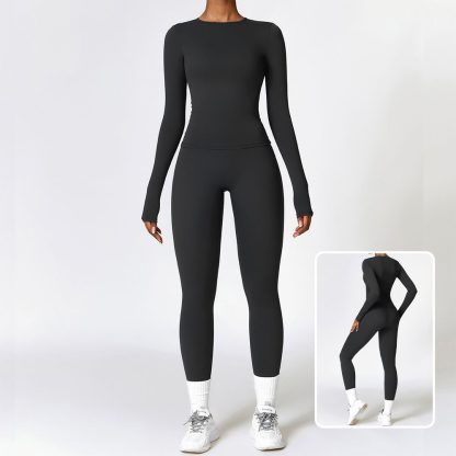 Fitted Brushed Long Sleeve Leggings Yoga Set - Quick-Drying Workout Outfit