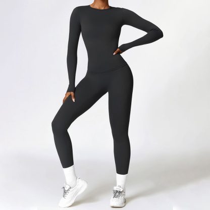 Fitted Brushed Long Sleeve Leggings Yoga Set - Quick-Drying Workout Outfit - Image 4