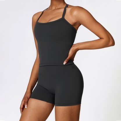 Fitted Brushed Sports Bra Shorts Yoga Set - Quick-Drying Workout Outfit - Image 3