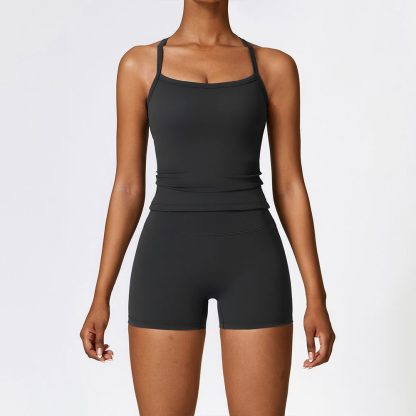 Fitted Brushed Sports Bra Shorts Yoga Set - Quick-Drying Workout Outfit - Image 5