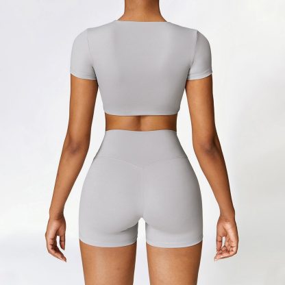Fitted Brushed Short Sleeve Shorts Yoga Set - Quick-Drying Workout Outfit - Image 2