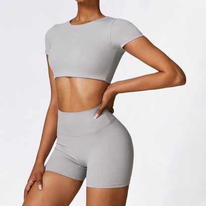 Fitted Brushed Short Sleeve Shorts Yoga Set - Quick-Drying Workout Outfit - Image 4