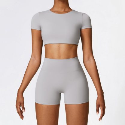 Fitted Brushed Short Sleeve Shorts Yoga Set - Quick-Drying Workout Outfit - Image 5