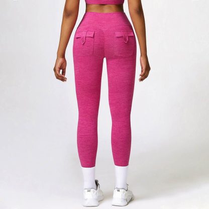 Brushed High Waist Yoga Pants With Cationic Cargo Pockets - Butt-Lifting Tight Fitness Leggings - Image 2